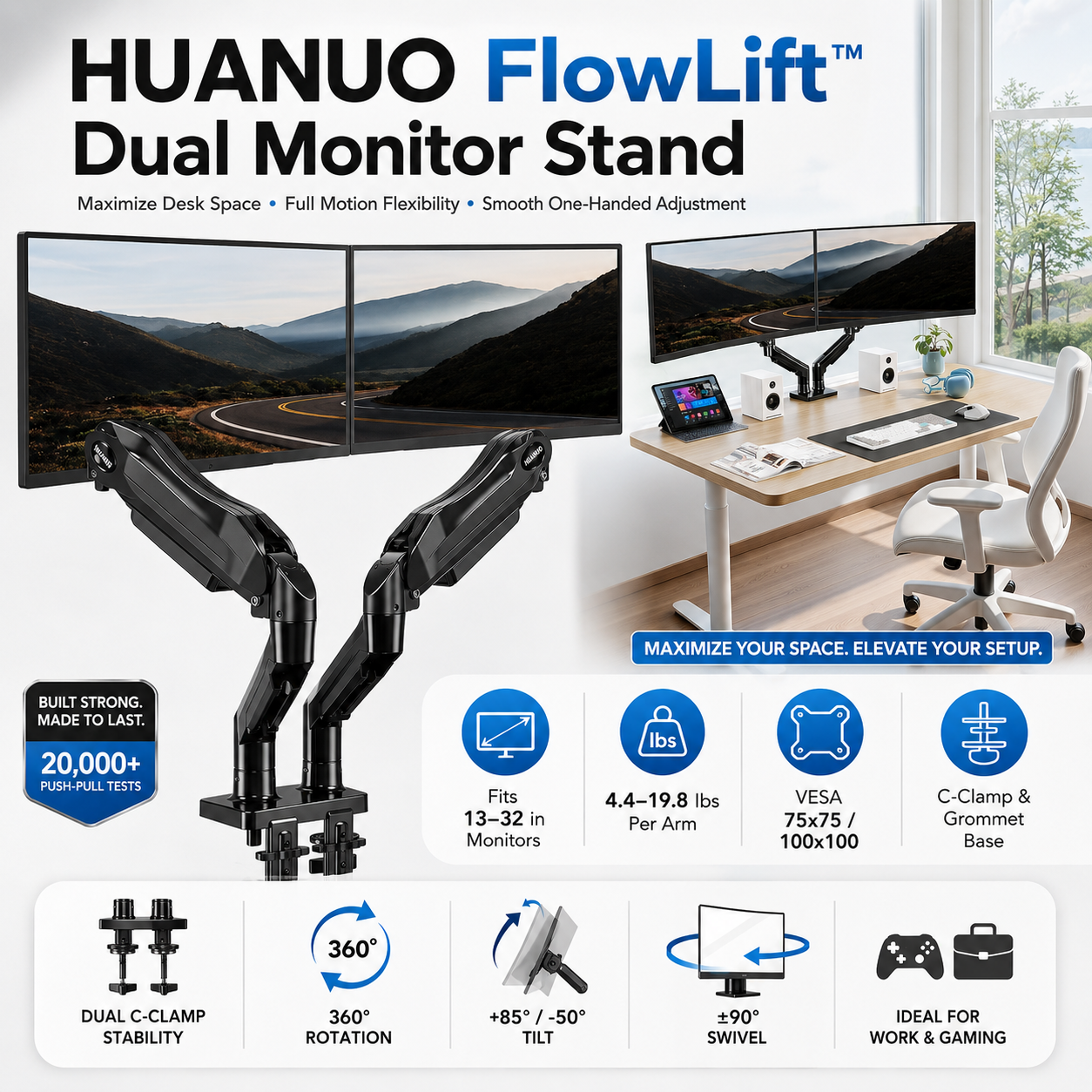 HUANUO FlowLift dual monitor stand adjustable desk mount for work gaming and productivity